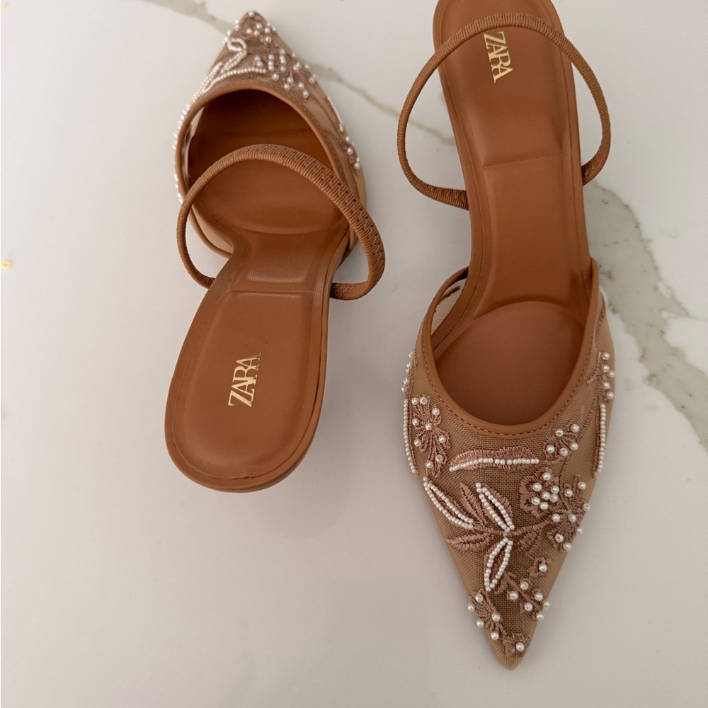 Zara Beige Floral Embroidered Heels - Picture 4 of 5